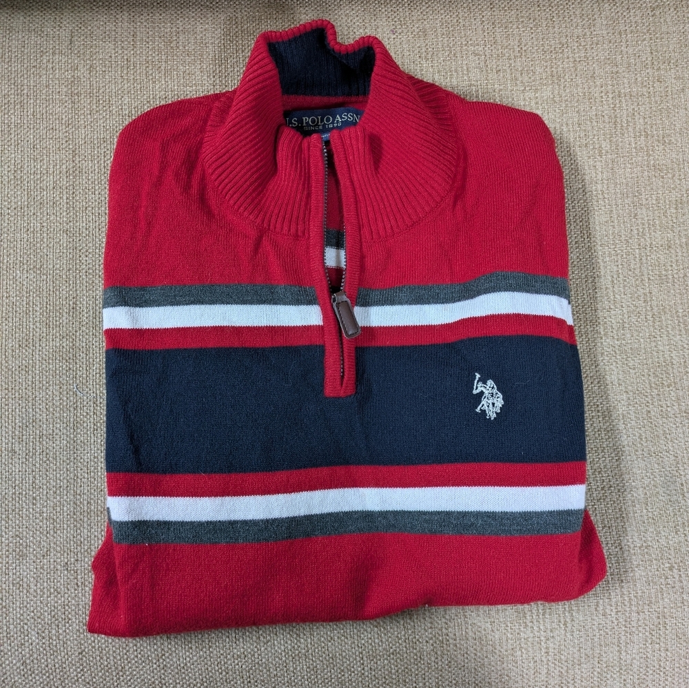 U.S. Polo Assn. Red and Navy Zip-Up Sweater Size M